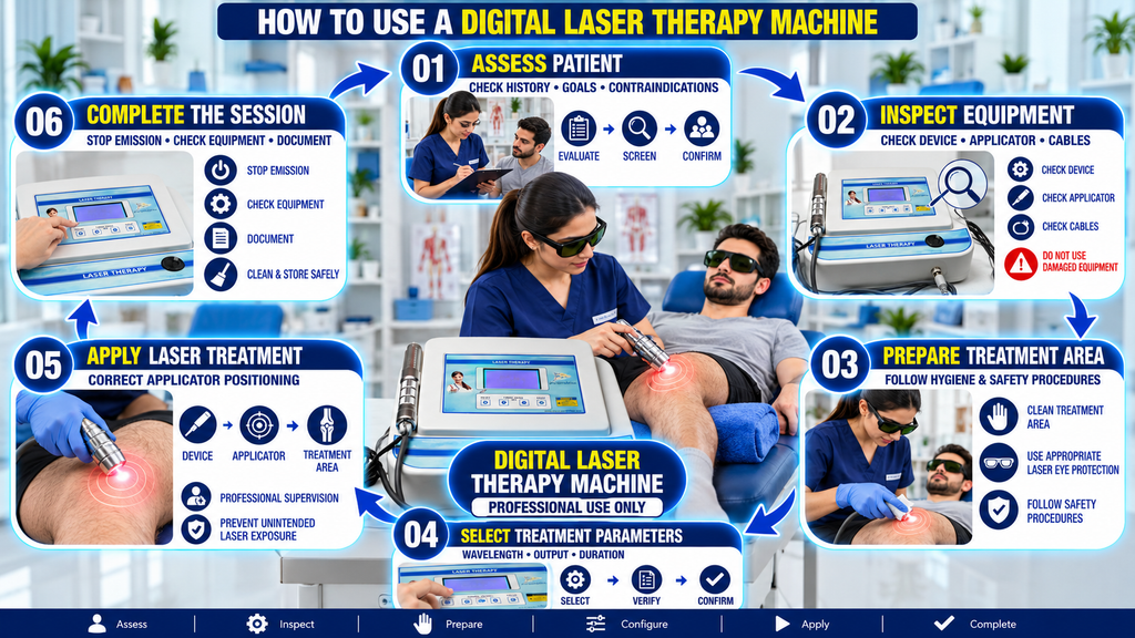 Digital Laser Therapy Machine Digital laser therapy machine usage infographic illustrating six steps: patient assessment, equipment inspection, treatment area preparation, treatment parameter selection, correct laser applicator positioning, and post-treatment equipment cleaning and documentation.