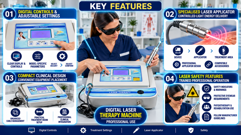 Digital Laser Therapy Machine Digital laser therapy machine key features infographic showing digital controls, adjustable treatment settings, a specialised handheld laser applicator, compact clinical design, cable management, and laser safety precautions for professional physiotherapy use.