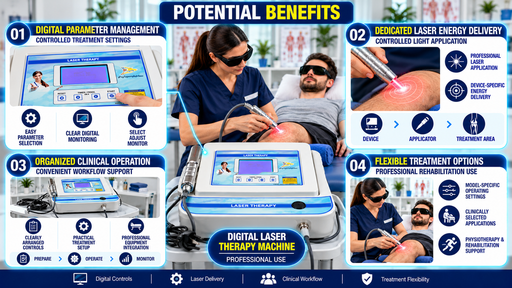 Digital Laser Therapy Machine Digital laser therapy machine potential benefits infographic featuring digital parameter controls, dedicated handheld laser applicator, organised clinical workflow, adjustable treatment settings, and professional physiotherapy and rehabilitation applications.