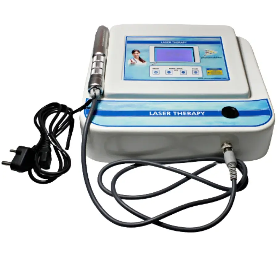 Digital Laser Therapy Machine Digital laser therapy physiotherapy machine with LCD display, adjustable control buttons, handheld laser applicator, connecting cable, and power cord on a white background.