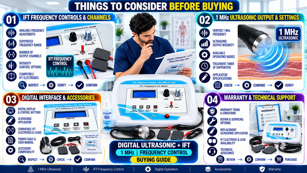 Digital Ultrasonic Therapy Unit 1 MHz with IFT Frequency Control Digital Ultrasonic and IFT Physiotherapy Machine 1 MHz with Frequency Control – Buying Guide Infographic