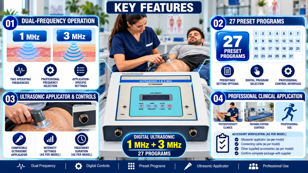 Digital Ultrasonic Physiotherapy Machine – 1 MHz & 3 MHz, 27 Programs Digital Ultrasonic Physiotherapy Machine – 1 MHz & 3 MHz, 27 Programs