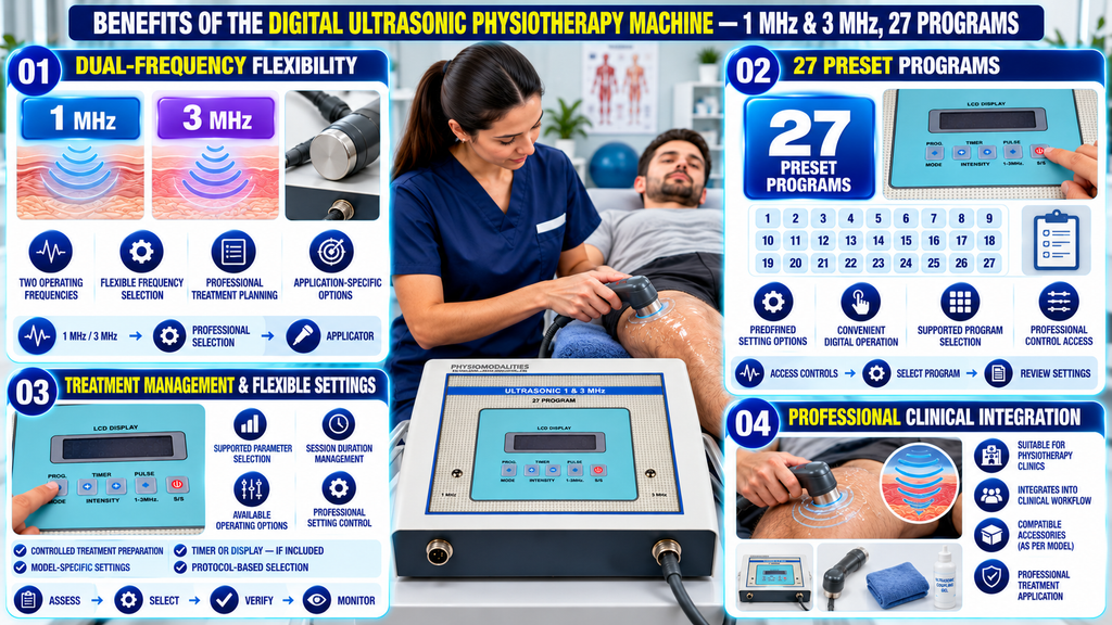 Digital Ultrasonic Physiotherapy Machine – 1 MHz & 3 MHz, 27 Programs Benefits of the Digital Ultrasonic Physiotherapy Machine infographic highlighting dual 1 MHz and 3 MHz frequencies, 27 preset programs, digital controls, treatment setting selection, ultrasonic applicator, and professional clinical use.