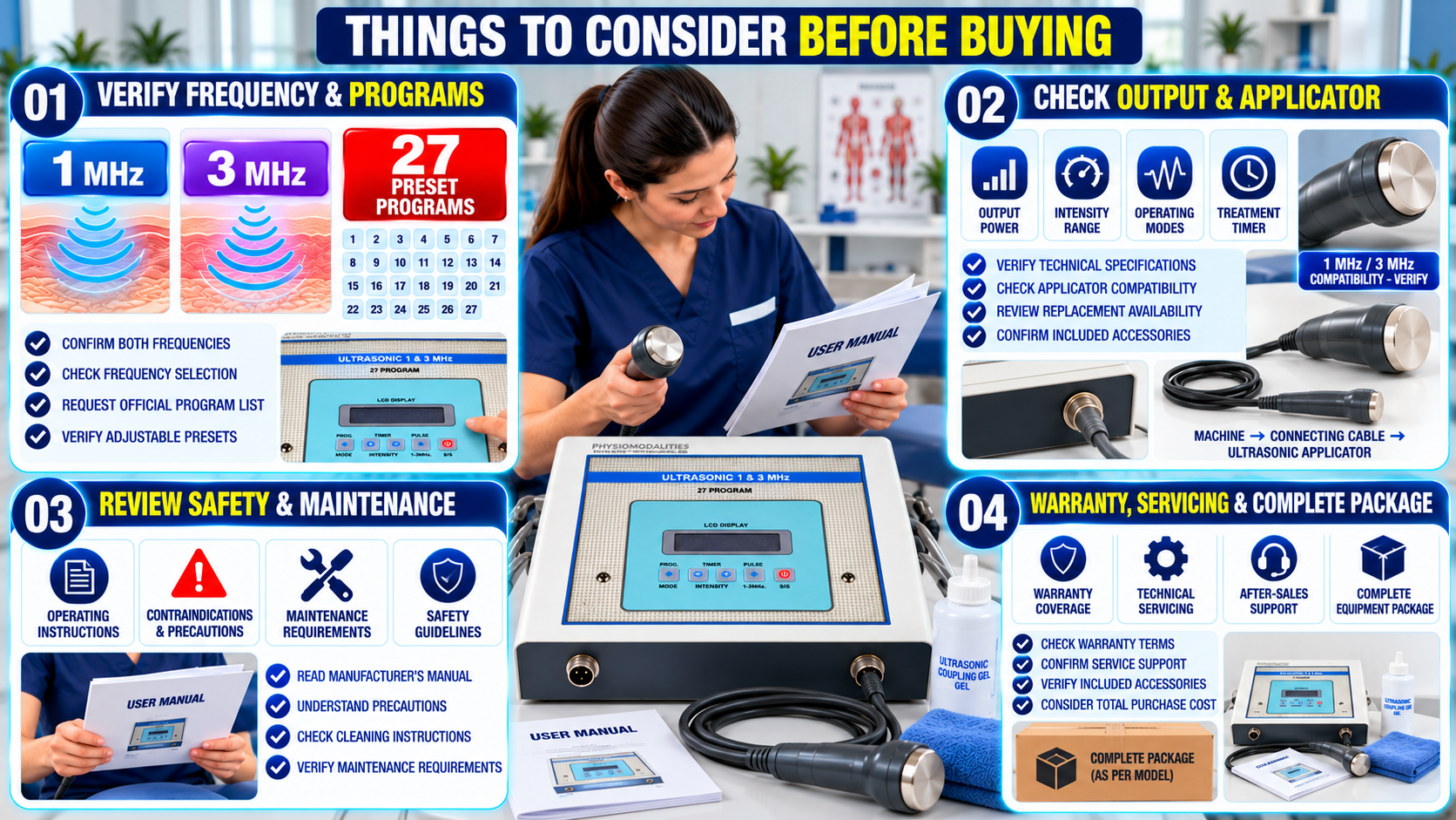 Digital Ultrasonic Physiotherapy Machine – 1 MHz & 3 MHz, 27 Programs Things to consider before buying a digital ultrasonic physiotherapy machine featuring 1 MHz and 3 MHz frequencies, 27 preset programs, output and intensity controls, ultrasonic applicator, safety guidelines, maintenance requirements, warranty, and technical support.