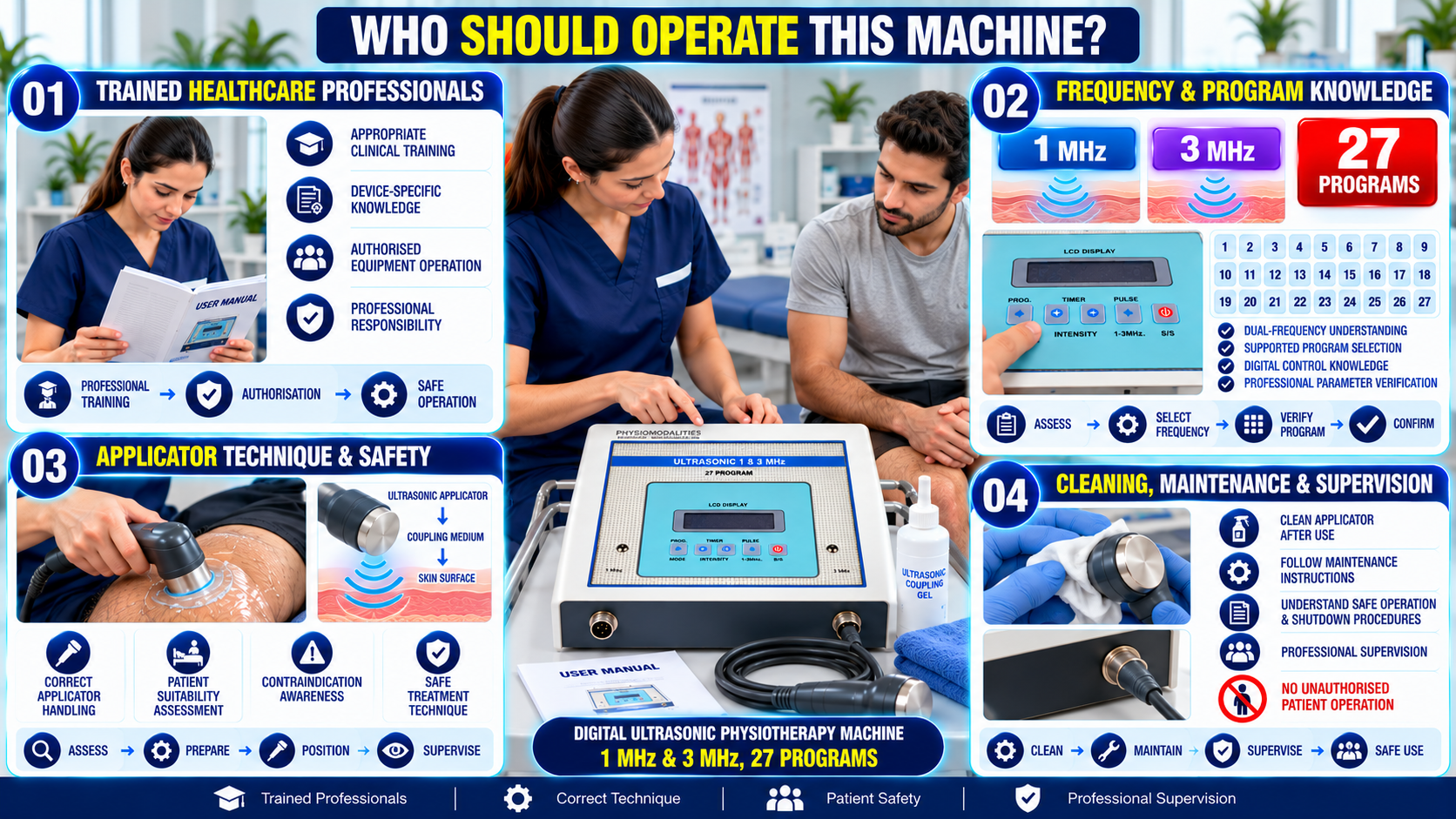 Digital Ultrasonic Physiotherapy Machine – 1 MHz & 3 MHz, 27 Programs Who should operate a digital ultrasonic physiotherapy machine featuring 1 MHz and 3 MHz frequencies with 27 preset programs, highlighting professional training, frequency and program knowledge, ultrasonic applicator handling, patient assessment, safety precautions, cleaning, maintenance, and supervised operation.