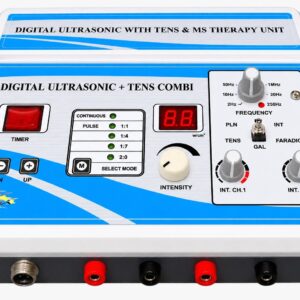 Digital Ultrasonic with TENS and Muscle Stimulation (MS) Physiotherapy Machine featuring a digital ultrasonic intensity display, adjustable frequency controls, treatment mode selection, timer, and dual-channel TENS intensity knobs.