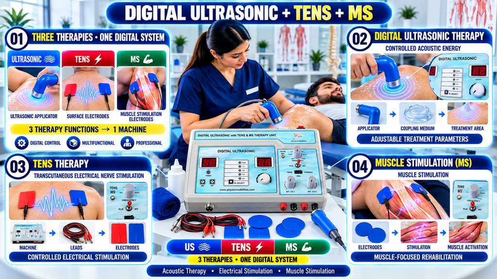 Digital ultrasonic, TENS and muscle stimulation physiotherapy machine featuring a dedicated ultrasonic applicator, surface electrodes, digital controls and adjustable treatment parameters.
