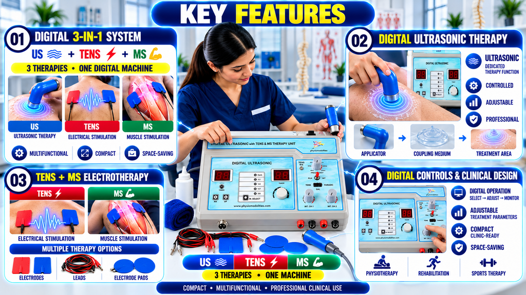 Key features of a digital 3-in-1 ultrasonic, TENS and muscle stimulation physiotherapy machine with adjustable controls, therapy applicator, electrodes and compact clinical design.