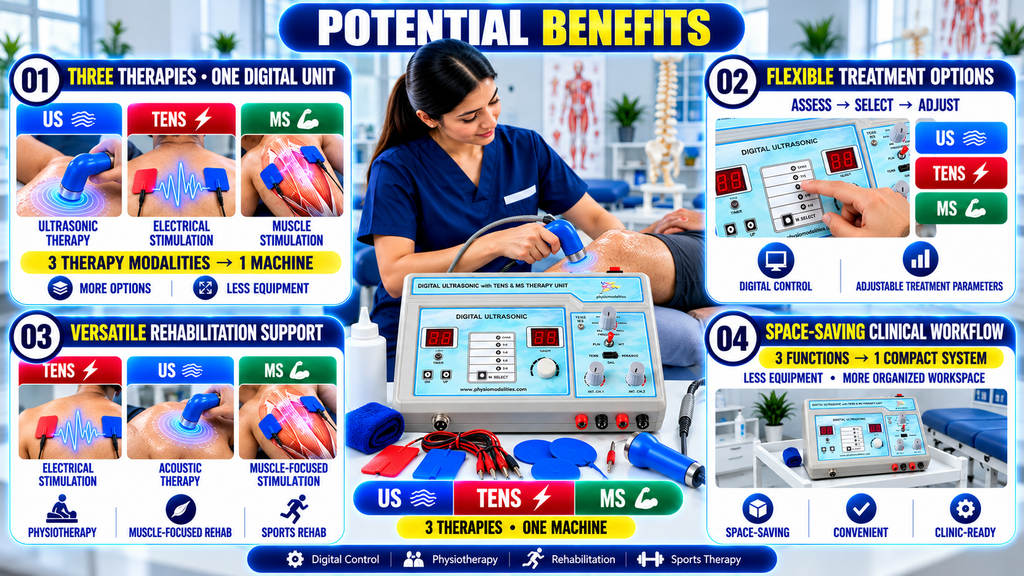 Potential benefits of a digital 3-in-1 physiotherapy machine combining ultrasonic therapy, TENS electrical stimulation, and muscle stimulation with adjustable digital controls.