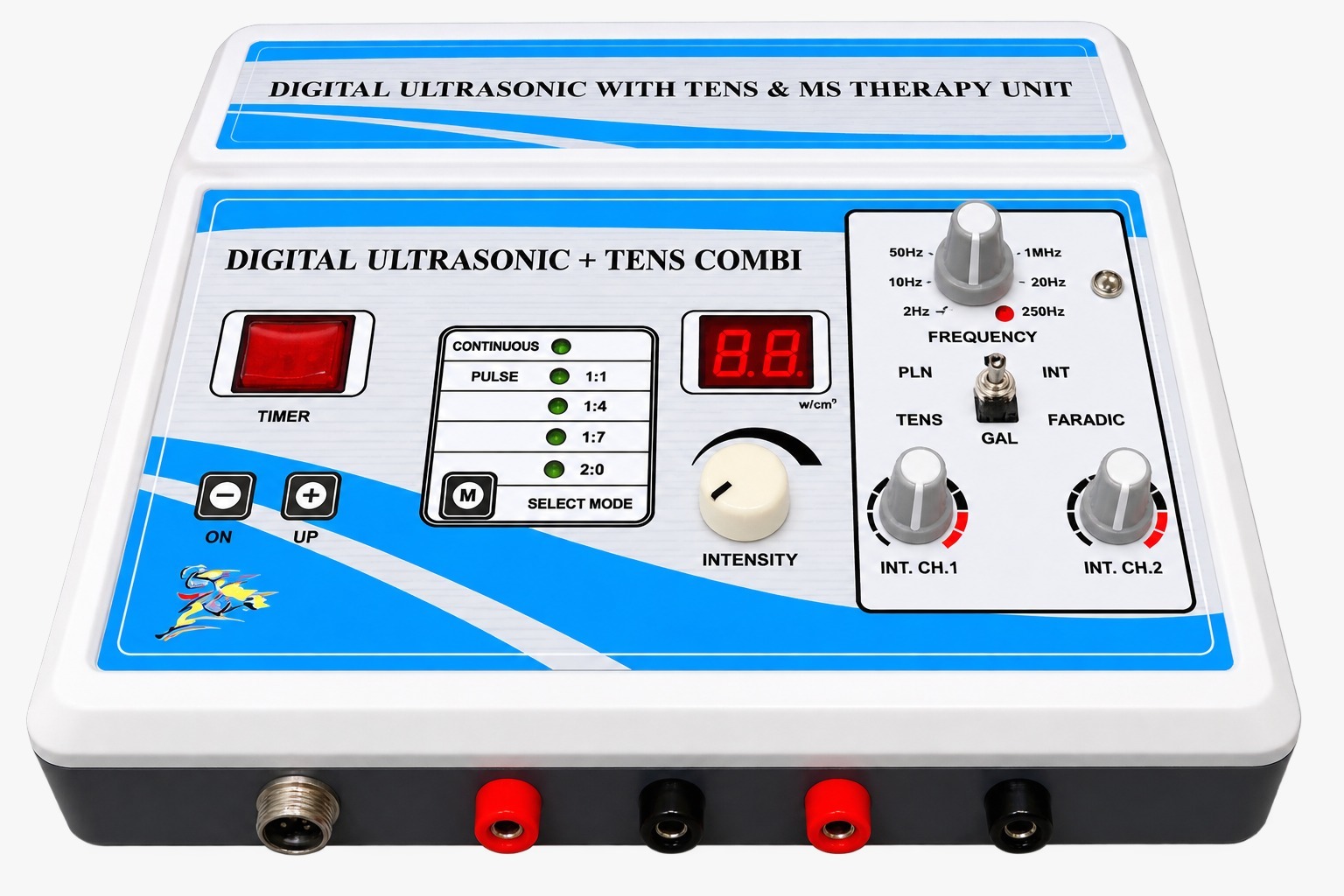 Digital Ultrasonic + TENS + MS Physiotherapy Machine Digital Ultrasonic with TENS and Muscle Stimulation (MS) Physiotherapy Machine featuring a digital ultrasonic intensity display, adjustable frequency controls, treatment mode selection, timer, and dual-channel TENS intensity knobs.