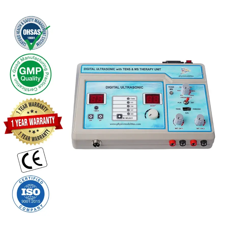 Digital ultrasonic physiotherapy machine with TENS and MS therapy functions, digital displays, adjustable controls, therapy outputs, and compact clinical design.