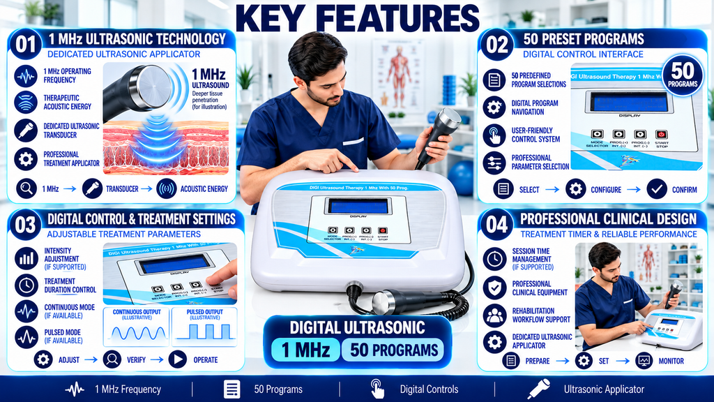 Digital Ultrasonic Physiotherapy Machine – 1 MHz, 50 Programs Digital Ultrasonic Physiotherapy Machine – 1 MHz, 50 Programs