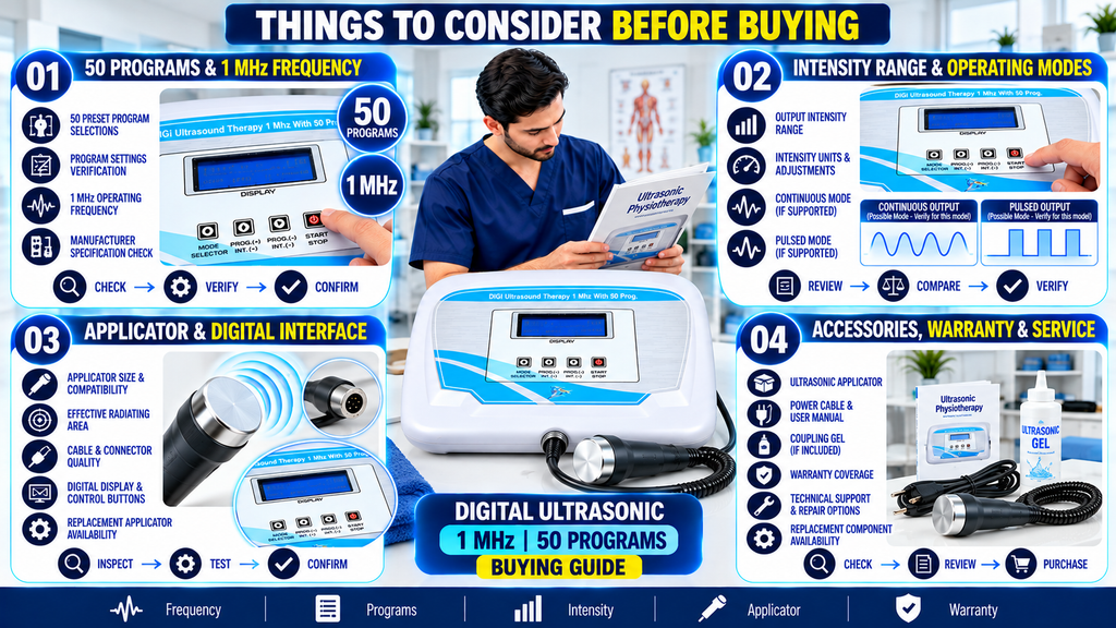 Digital Ultrasonic Physiotherapy Machine – 1 MHz, 50 Programs Digital Ultrasonic Physiotherapy Machine 1 MHz with 50 Programs – Things to Consider Before Buying