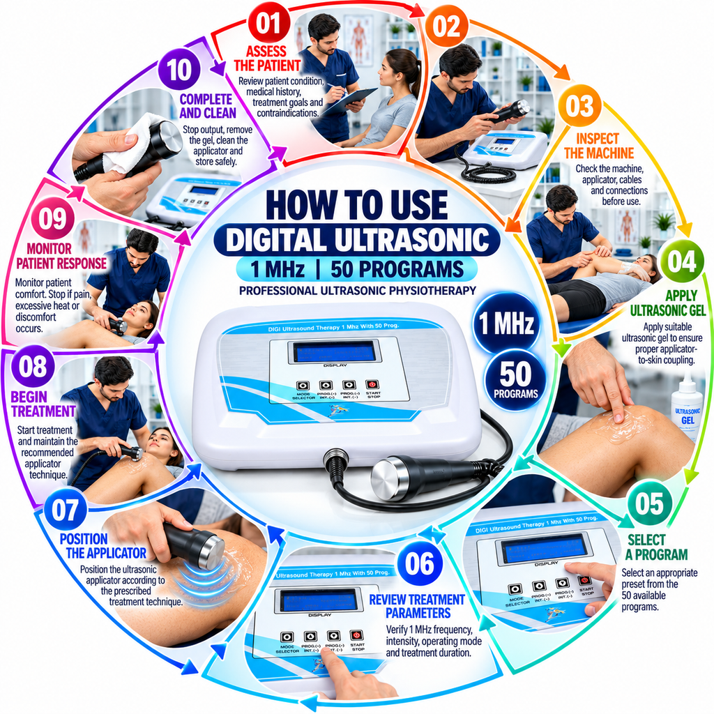 Digital Ultrasonic Physiotherapy Machine – 1 MHz, 50 Programs Digital Ultrasonic Physiotherapy Machine – 1 MHz, 50 Programs