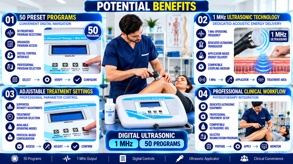Digital Ultrasonic Physiotherapy Machine – 1 MHz, 50 Programs Potential Benefits of Digital Ultrasonic Physiotherapy Machine 1 MHz with 50 Preset Programs
