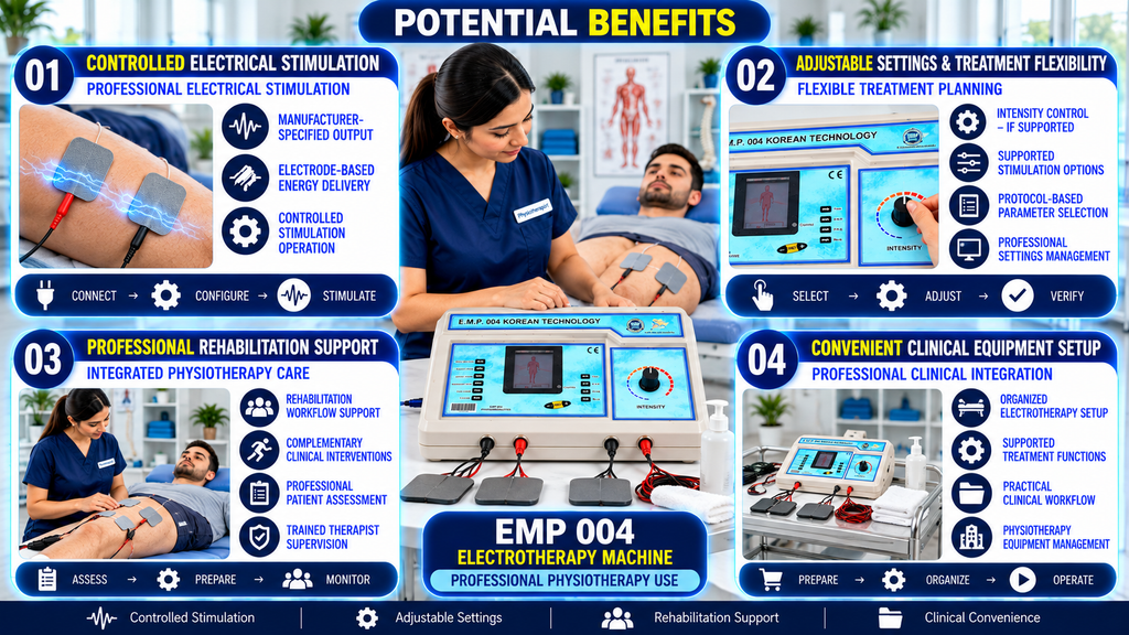 EMP 004 Korean Technology electrotherapy machine infographic illustrating controlled electrical stimulation, adjustable intensity settings, electrode-based treatment, rehabilitation support, and clinical equipment setup.
