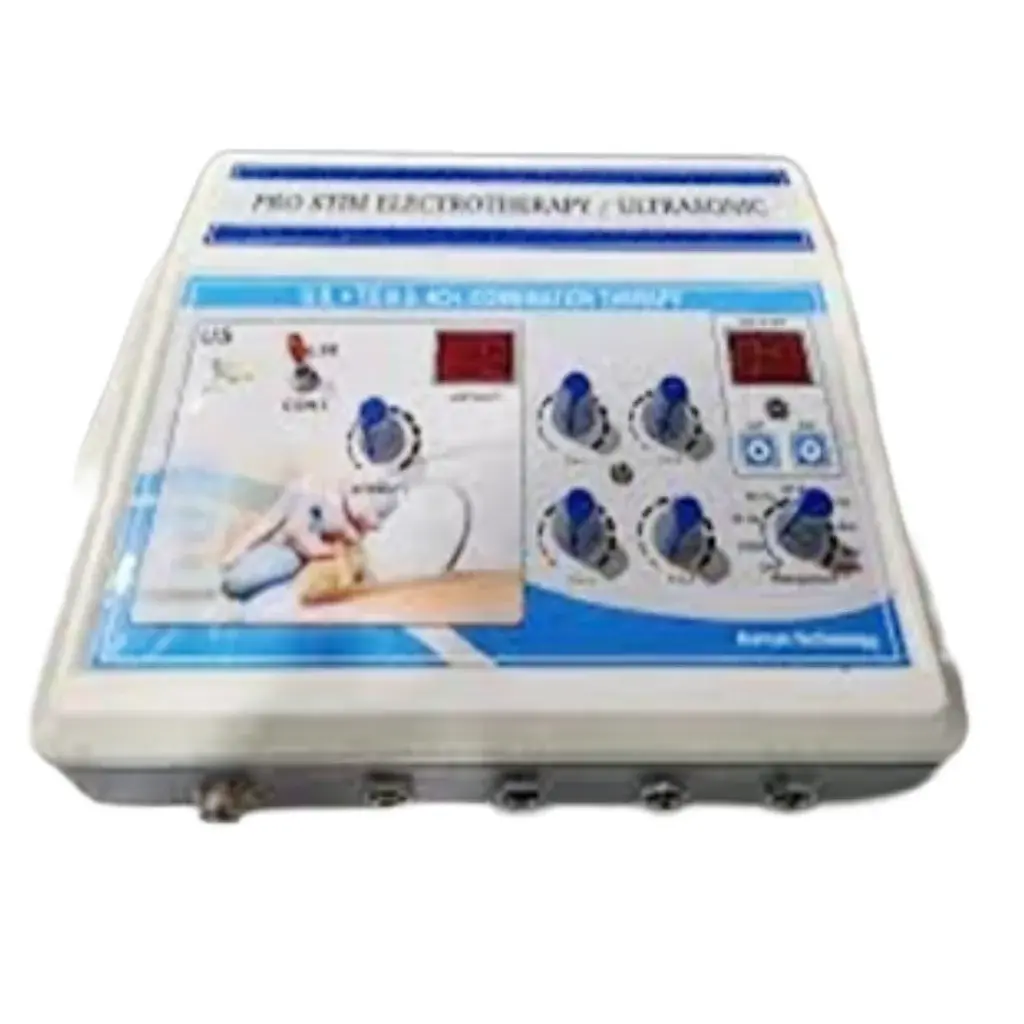 2 IN 1 Electrotherapy + US Physiotherapy Machine Electrotherapy and Ultrasonic combination physiotherapy machine with dual therapy controls, digital displays, adjustable intensity, treatment timer, and multiple output connections.
