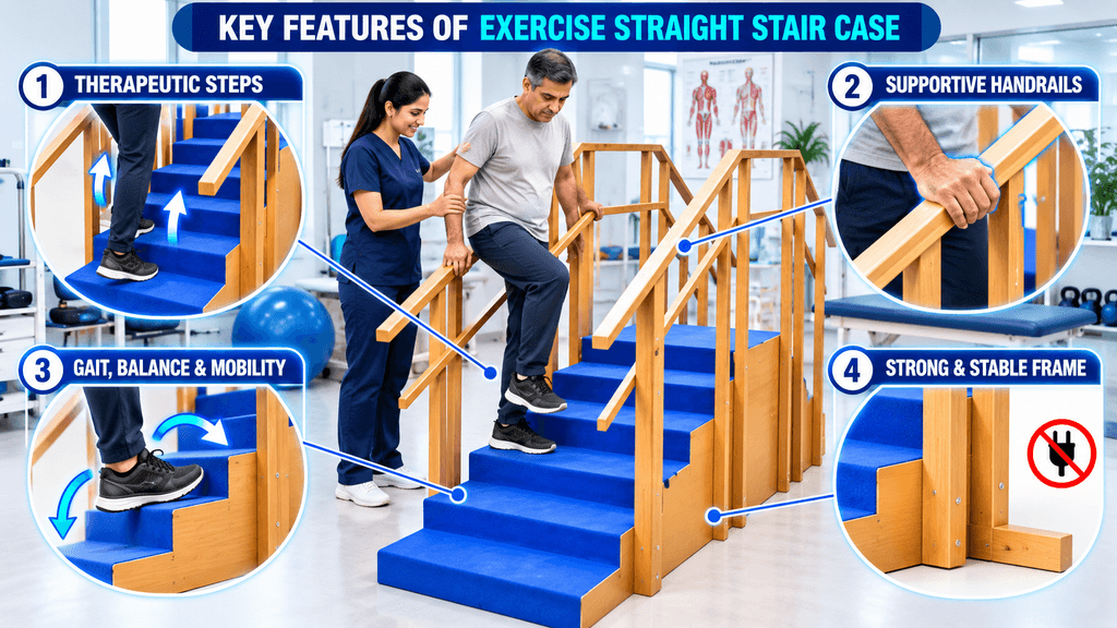 Exercise Straight Stair Case Exercise straight staircase with blue therapeutic steps and wooden handrails for gait training, balance, mobility and physiotherapy rehabilitation.