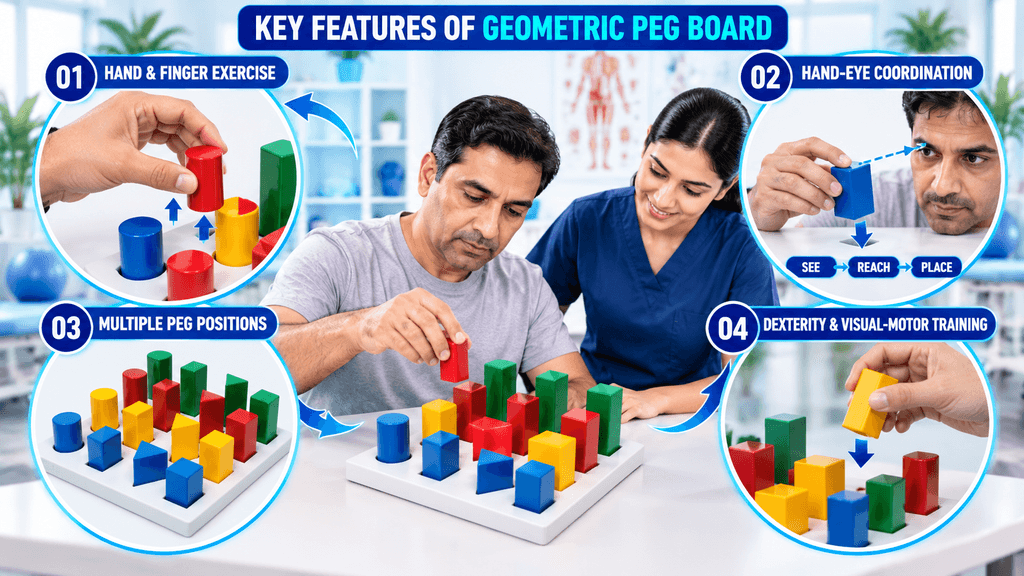 Geometric Peg Board Geometric Peg Board demonstrating hand and finger exercises, hand-eye coordination, multiple peg positions, and dexterity and visual-motor training under physiotherapist supervision.