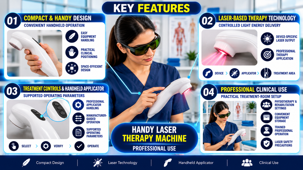 Handy Laser Therapy Machine Handy Laser Therapy Machine featuring a compact handheld applicator, laser light output, ergonomic design, and easy-access treatment controls for professional physiotherapy and rehabilitation use.