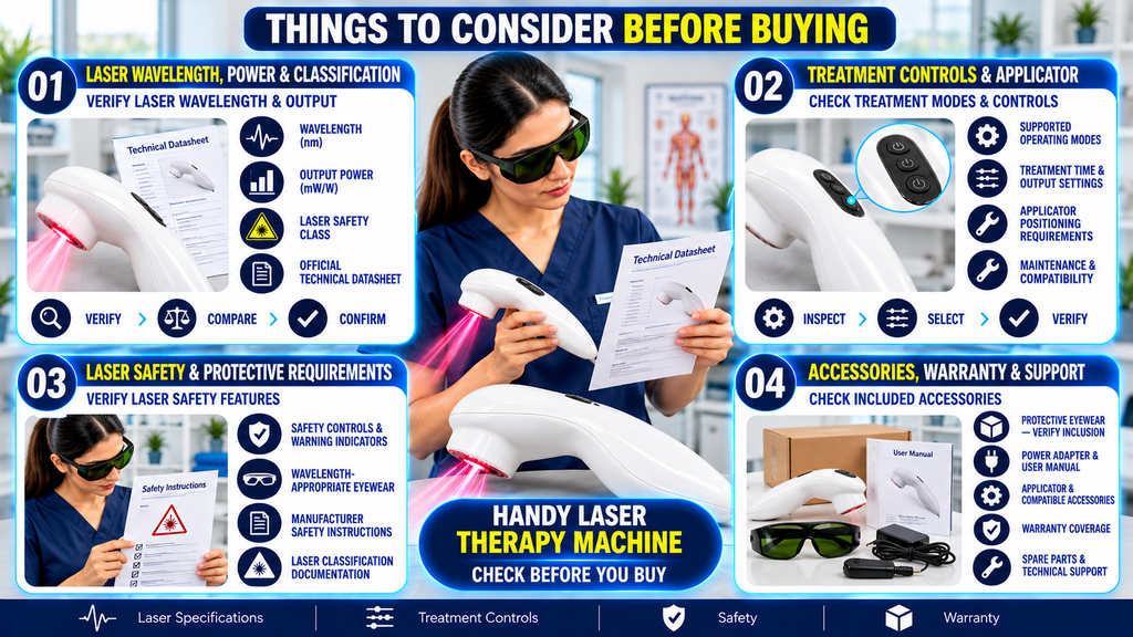 Handy Laser Therapy Machine Things to consider before buying a Handy Laser Therapy Machine, including laser wavelength, output power, laser classification, treatment controls, applicator requirements, protective eyewear, accessories, warranty, and technical support.
