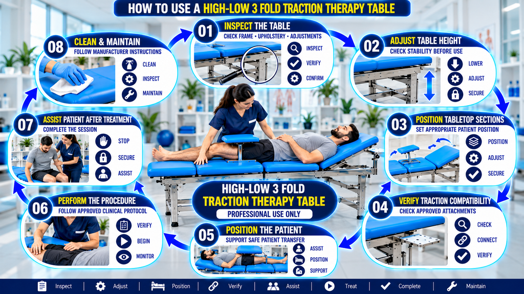 High-Low 3 Fold Traction Therapy Table High-Low 3-Fold Traction Therapy Table infographic illustrating eight steps for proper use, including table inspection, height adjustment, tabletop positioning, traction equipment compatibility checks, patient positioning, treatment monitoring, safe patient assistance, and equipment cleaning and maintenance.