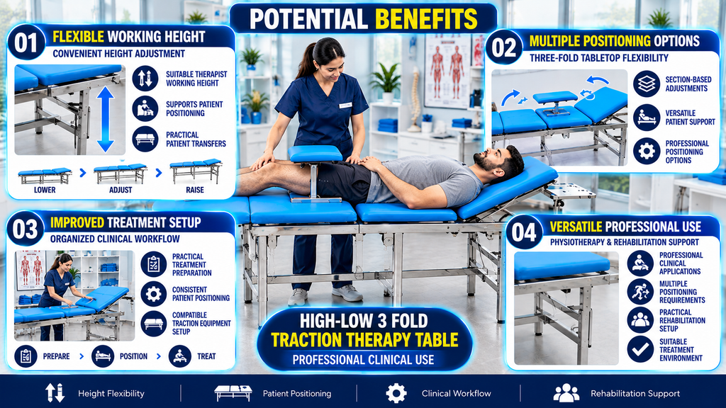 High-Low 3 Fold Traction Therapy Table High-Low 3-Fold Traction Therapy Table infographic highlighting potential benefits, including adjustable working height, multiple patient positioning options, improved treatment setup, organized clinical workflow, and support for physiotherapy and rehabilitation applications.