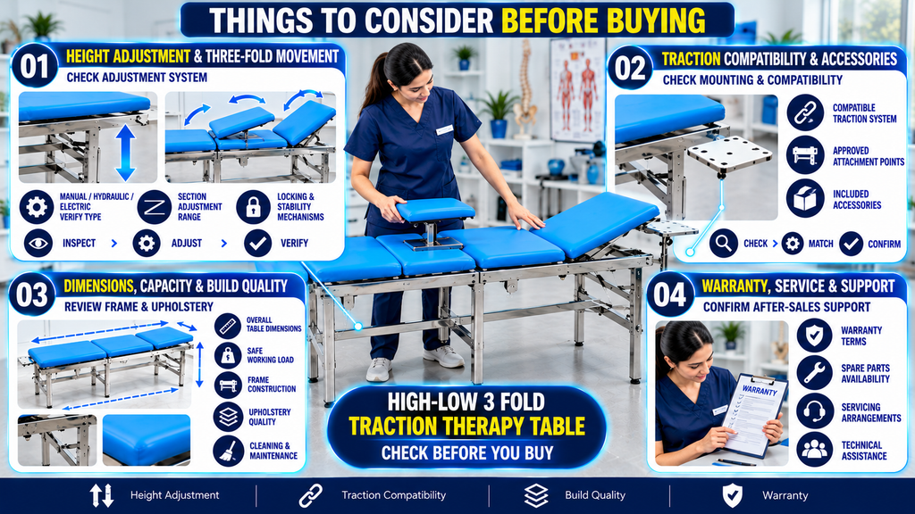 High-Low 3 Fold Traction Therapy Table High-Low 3-Fold Traction Therapy Table buying guide highlighting height adjustment, three-fold tabletop movement, traction compatibility, attachment points, dimensions, safe working load, frame construction, upholstery quality, warranty, spare parts, and after-sales support.