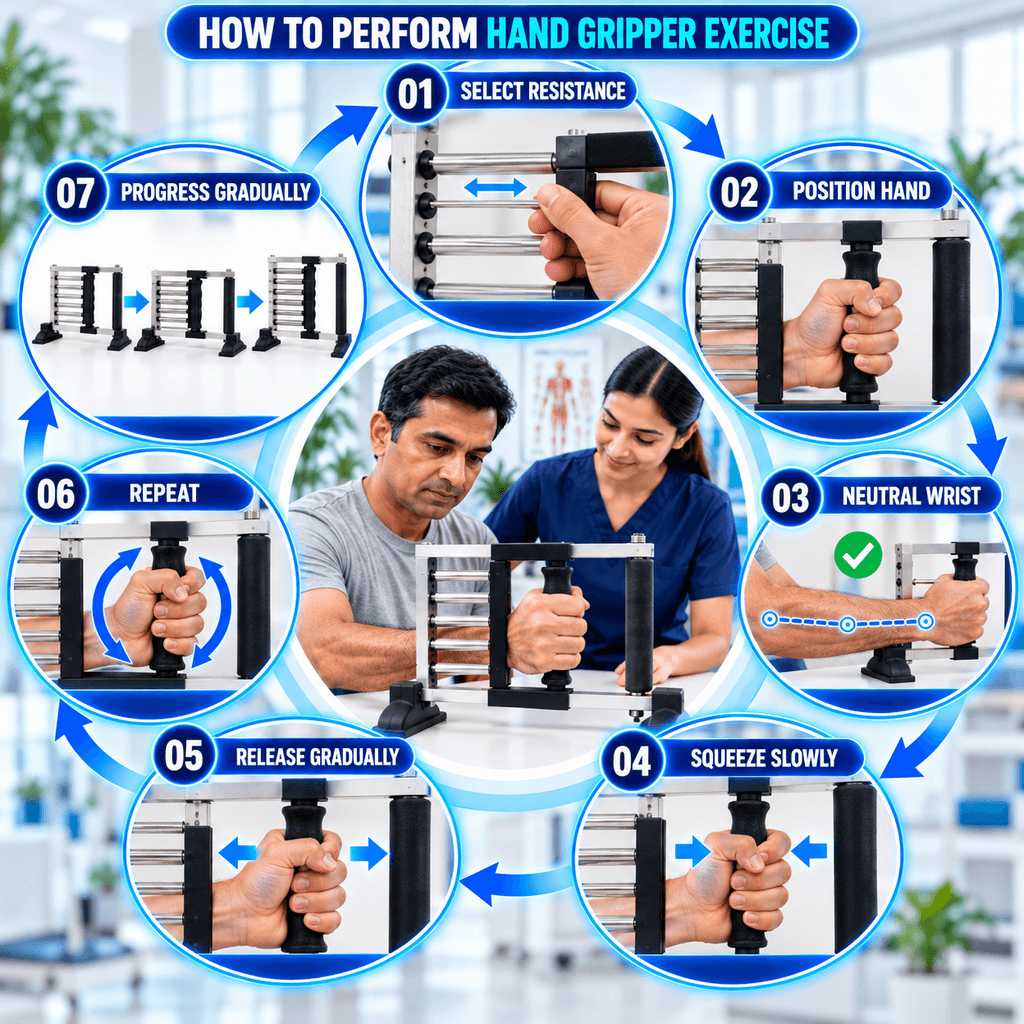 Hand Gripper Exercise Step-by-step infographic showing how to perform a hand gripper exercise, including selecting resistance, positioning the hand, maintaining a neutral wrist, squeezing slowly, releasing gradually, repeating the movement, and progressing gradually.