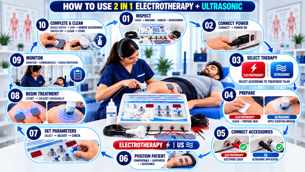 2 IN 1 Electrotherapy + US Physiotherapy Machine How to use a 2-in-1 electrotherapy and ultrasonic physiotherapy machine with steps for setup, therapy selection, accessory connection, parameter adjustment, treatment, monitoring, and cleaning