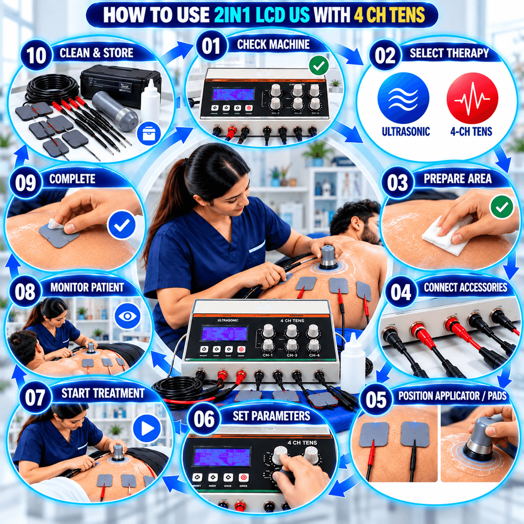 2-in-1 LCD TENS + Ultrasonic Therapy Machine How to use a 2-in-1 LCD TENS + Ultrasonic Therapy Machine , showing a 10-step workflow from machine checking and therapy selection to accessory connection, applicator and pad positioning, parameter setting, treatment, monitoring, and cleaning.