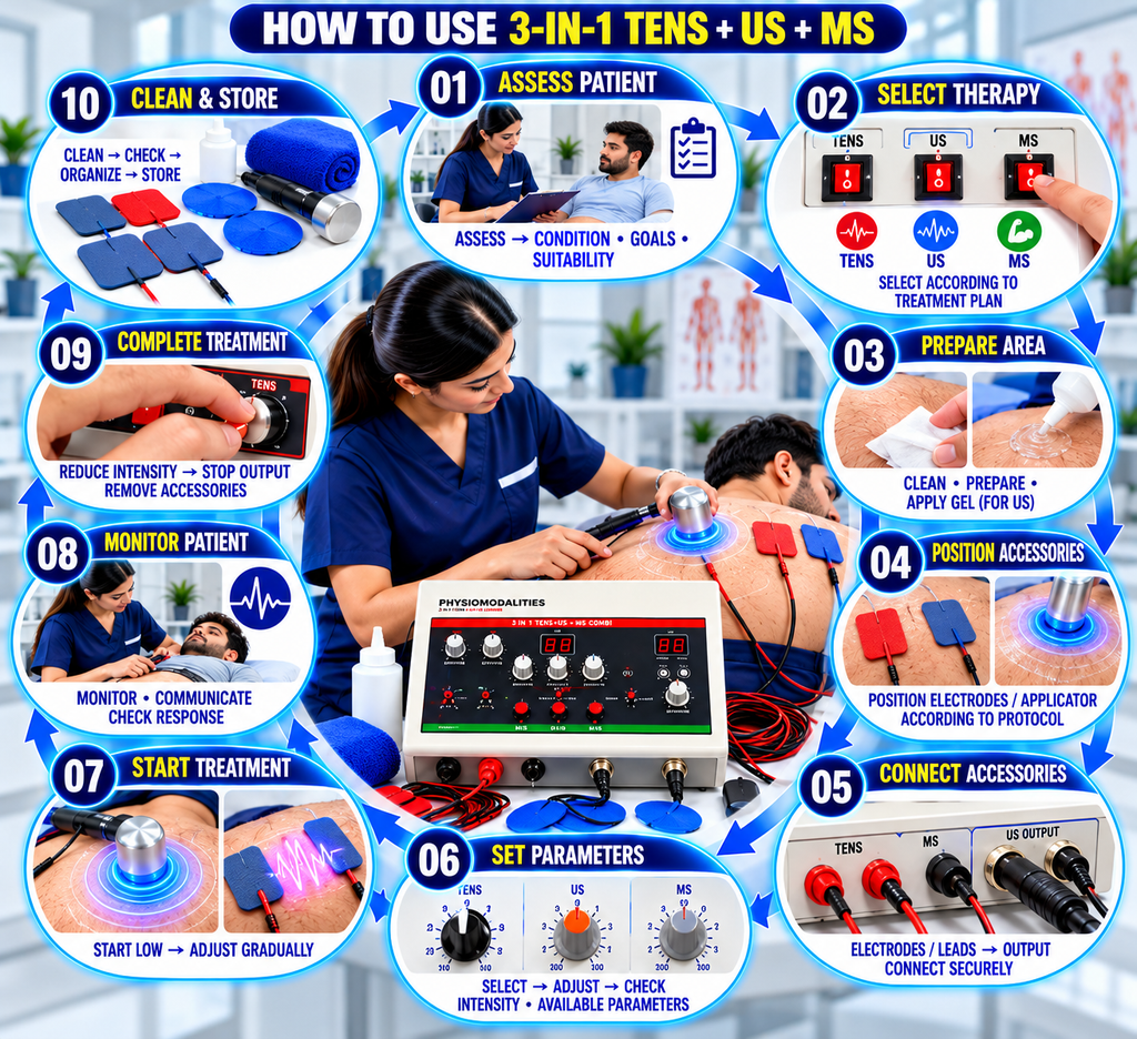 How to use a 3-in-1 TENS, ultrasonic and muscle stimulation physiotherapy machine with patient assessment, therapy selection, accessory placement, parameter adjustment and treatment monitoring.