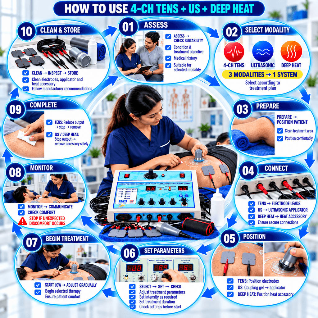4-Ch TENS + US + Deep Heat Combo Physiotherapy Machine 4-channel TENS + Ultrasonic + Deep Heat physiotherapy machine showing a 10-step professional treatment workflow, from patient assessment and modality selection to parameter setting, treatment monitoring, completion, and equipment storage.