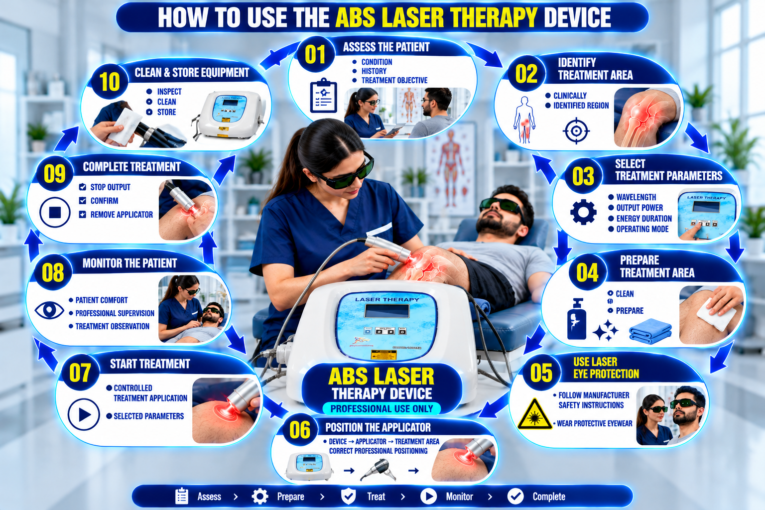 ABS laser therapy device showing a 10-step usage guide including patient assessment, treatment area preparation, parameter selection, laser eye protection, applicator positioning, treatment, monitoring, and equipment storage.