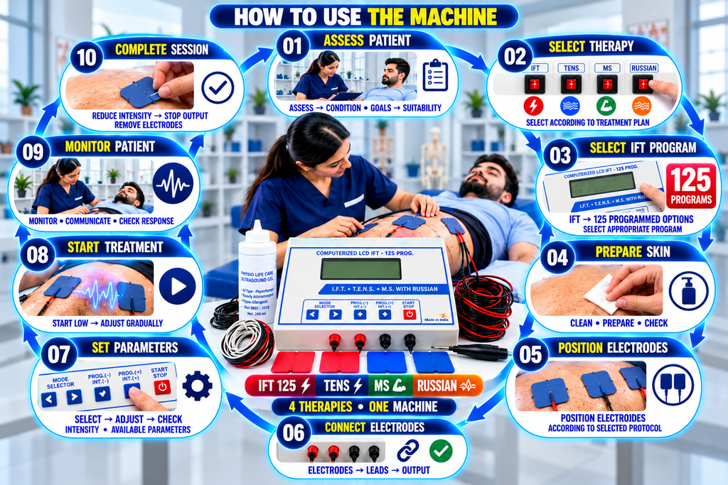 How to use a 4-in-1 digital electrotherapy machine with IFT 125, TENS, muscle stimulation, and Russian current, showing patient assessment, therapy selection, electrode placement, parameter adjustment, treatment, and monitoring.