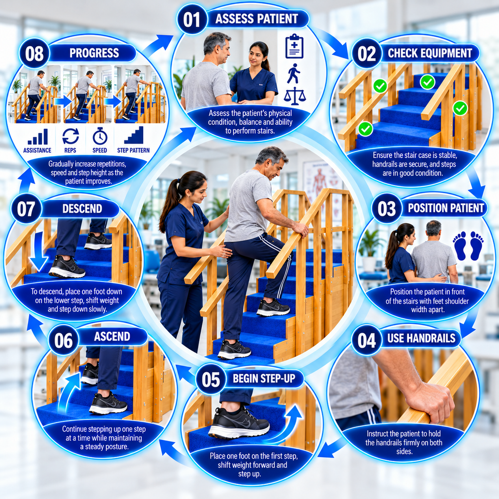 Exercise Straight Stair Case Step-by-step use of an exercise straight stair case for patient assessment, supported stair climbing, handrail use, ascending, descending and rehabilitation progress.