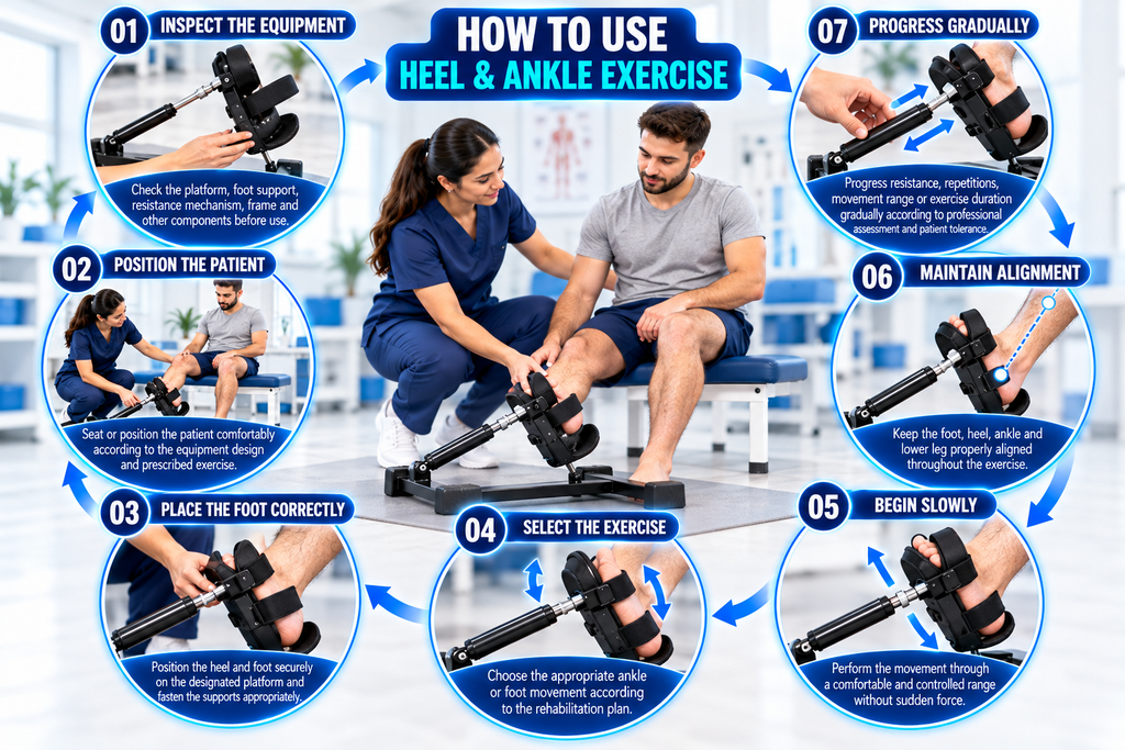 Step-by-step infographic showing how to use a heel and ankle exercise machine, including equipment inspection, patient positioning, correct foot placement, exercise selection, slow controlled movement, proper alignment, and gradual progression.