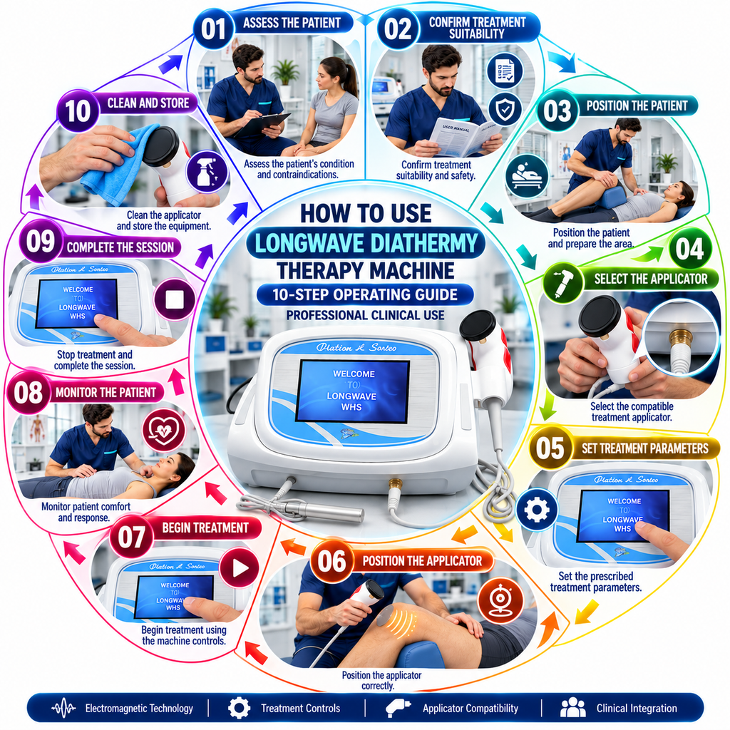 Longwave Diathermy Therapy Machine How to Use Longwave Diathermy Therapy Machine – 10-Step Guide to Patient Assessment, Applicator Positioning, Treatment Settings, Patient Monitoring, and Equipment Cleaning.