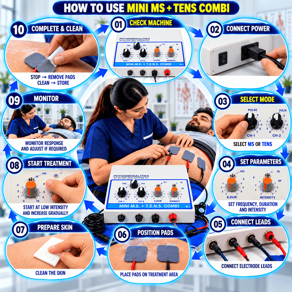 3-in-1 IFT + US + Heat Physiotherapy Machine How to use a Mini MS + TENS Combi physiotherapy machine with steps for setup, mode selection, electrode placement, parameter adjustment, treatment monitoring, and cleaning.