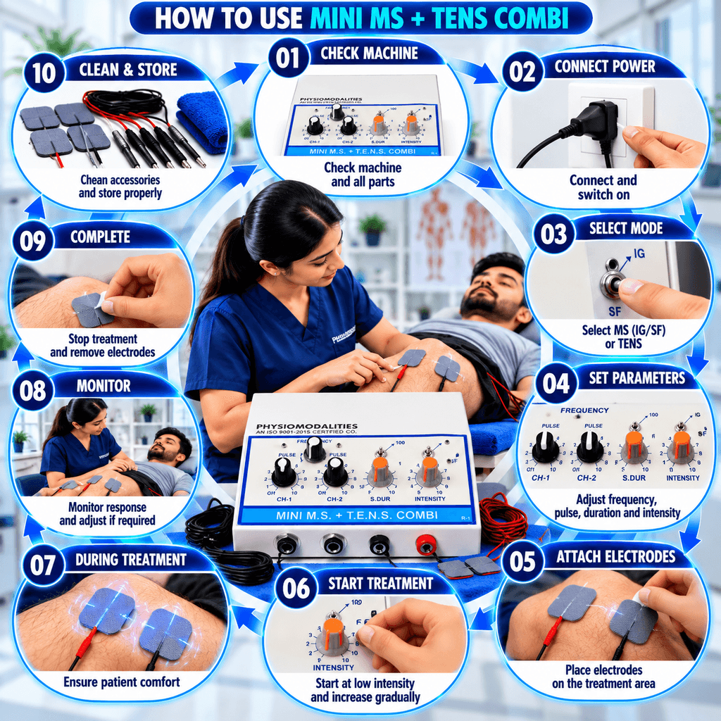 2-in-1 TENS + MS Physiotherapy Machine How to use a Mini MS + TENS Combi physiotherapy machine, showing machine inspection, power connection, mode selection, parameter adjustment, electrode placement, treatment monitoring, completion, and accessory storage.