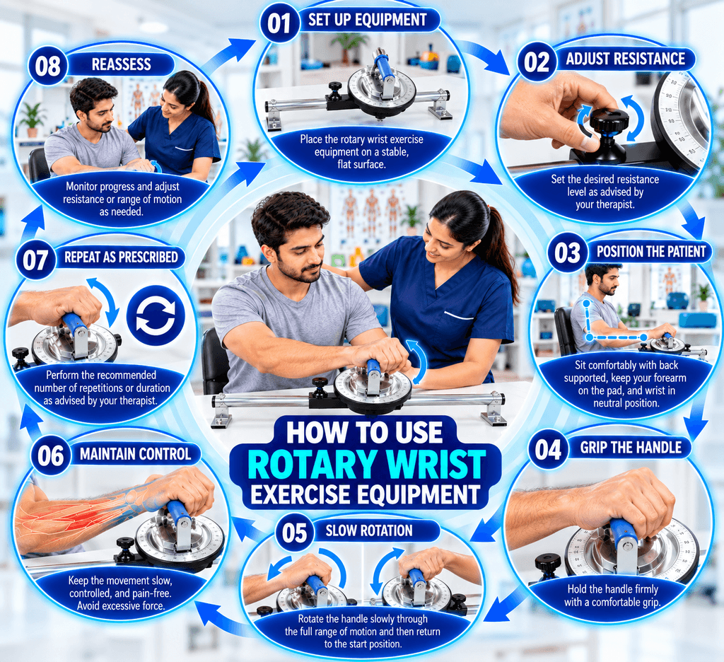 Step-by-step guide showing how to use rotary wrist exercise equipment for controlled wrist and forearm rehabilitation exercises.