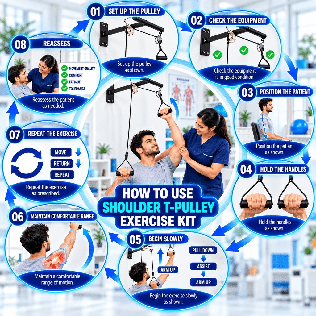 Shoulder T-Pulley Exercise Kit Step-by-step guide showing how to use a Shoulder T-Pulley Exercise Kit for assisted shoulder movement and range-of-motion exercises.