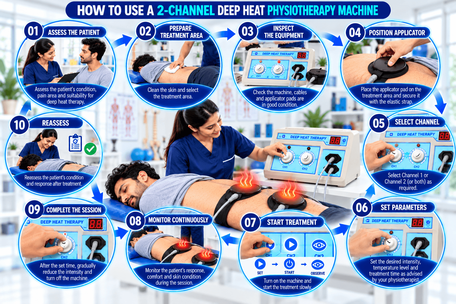 2-Channel Deep Heat Physiotherapy Machine Step-by-step guide showing how to use a 2-channel Deep Heat Physiotherapy Machine, including patient assessment, treatment preparation, equipment inspection, applicator placement, channel selection, parameter settings, treatment monitoring, session completion, and reassessment.