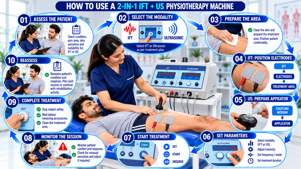 2-in-1 IFT + US Physiotherapy Machine Step-by-step guide showing how to use a 2-in-1 IFT + Ultrasonic physiotherapy machine, including patient assessment, modality selection, treatment-area preparation, electrode and applicator placement, parameter setup, treatment monitoring, completion, and reassessment.