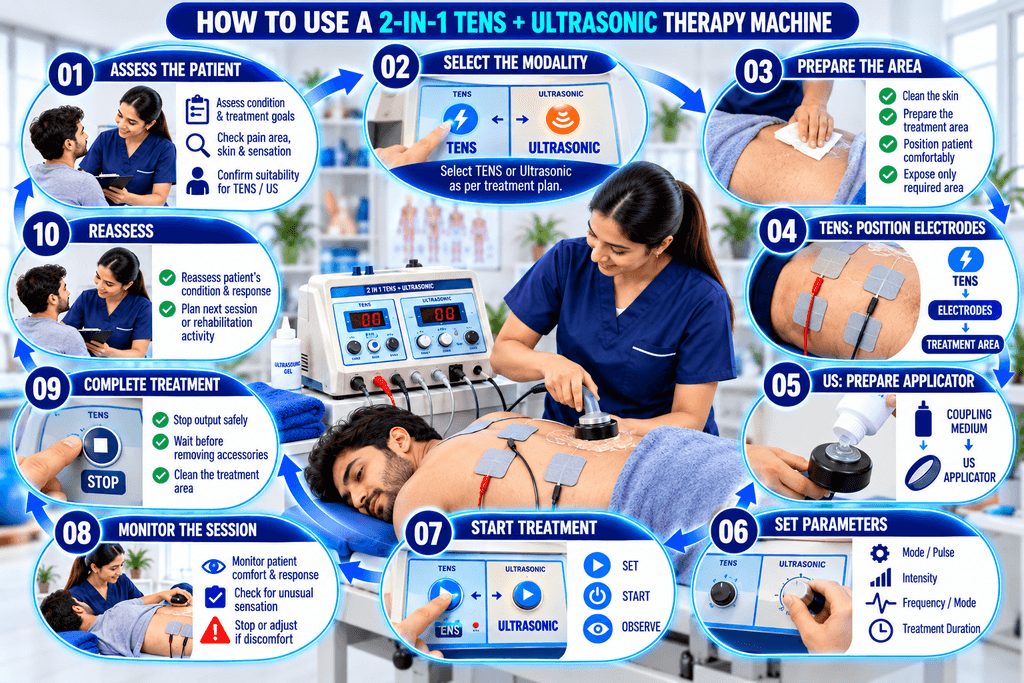 Step-by-step guide showing how to use a 2-in-1 TENS and Ultrasonic Therapy Machine, including patient assessment, modality selection, treatment-area preparation, electrode and applicator placement, parameter setting, treatment monitoring, completion, and reassessment.