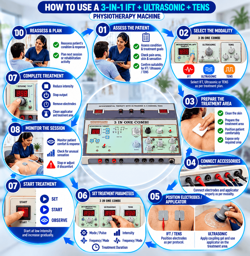 3-in-1 IFT + Ultrasonic + TENS Physiotherapy Machine How to use a 3-in-1 IFT, Ultrasonic, and TENS physiotherapy machine, showing patient assessment, modality selection, treatment-area preparation, accessory connection, electrode and applicator placement, parameter setting, treatment monitoring, and completion.