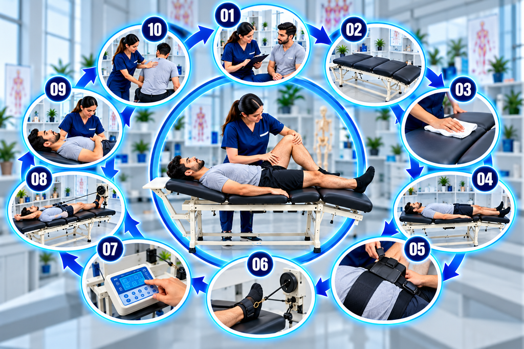 4 Fold Traction Therapy Table 10-step visual guide for using a 4-fold traction therapy table, showing patient assessment, table preparation, positioning, traction setup, treatment operation, monitoring, and session completion.