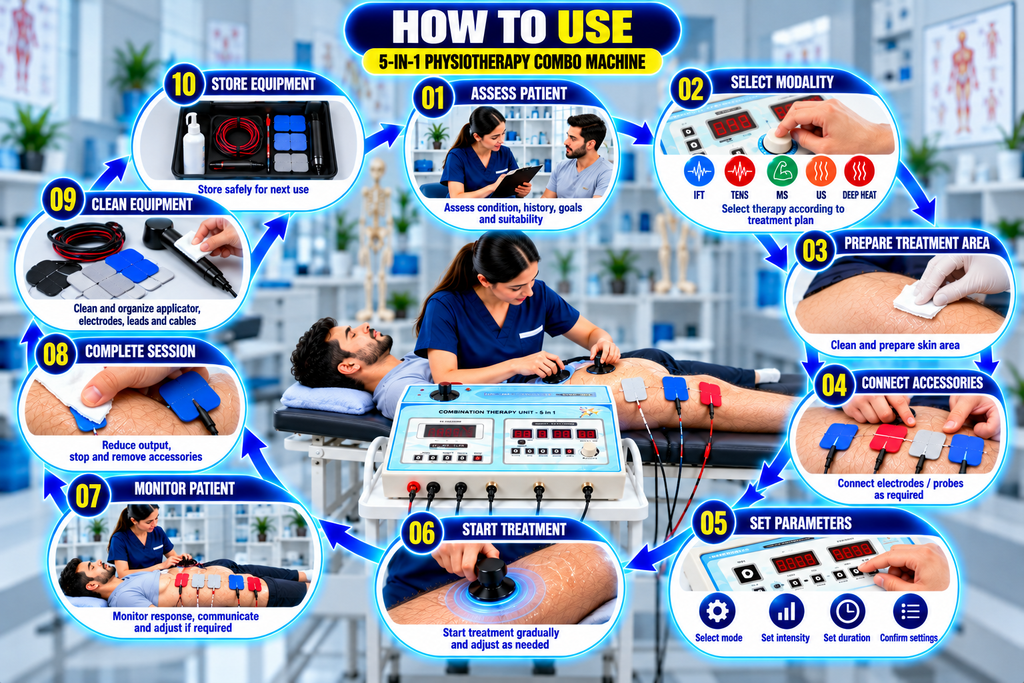 5-in-1 Physiotherapy Combo Machine 10-step visual guide showing how to use a 5-in-1 physiotherapy combo machine, including patient assessment, modality selection, treatment preparation, accessory connection, parameter setup, treatment, monitoring, cleaning, and storage.