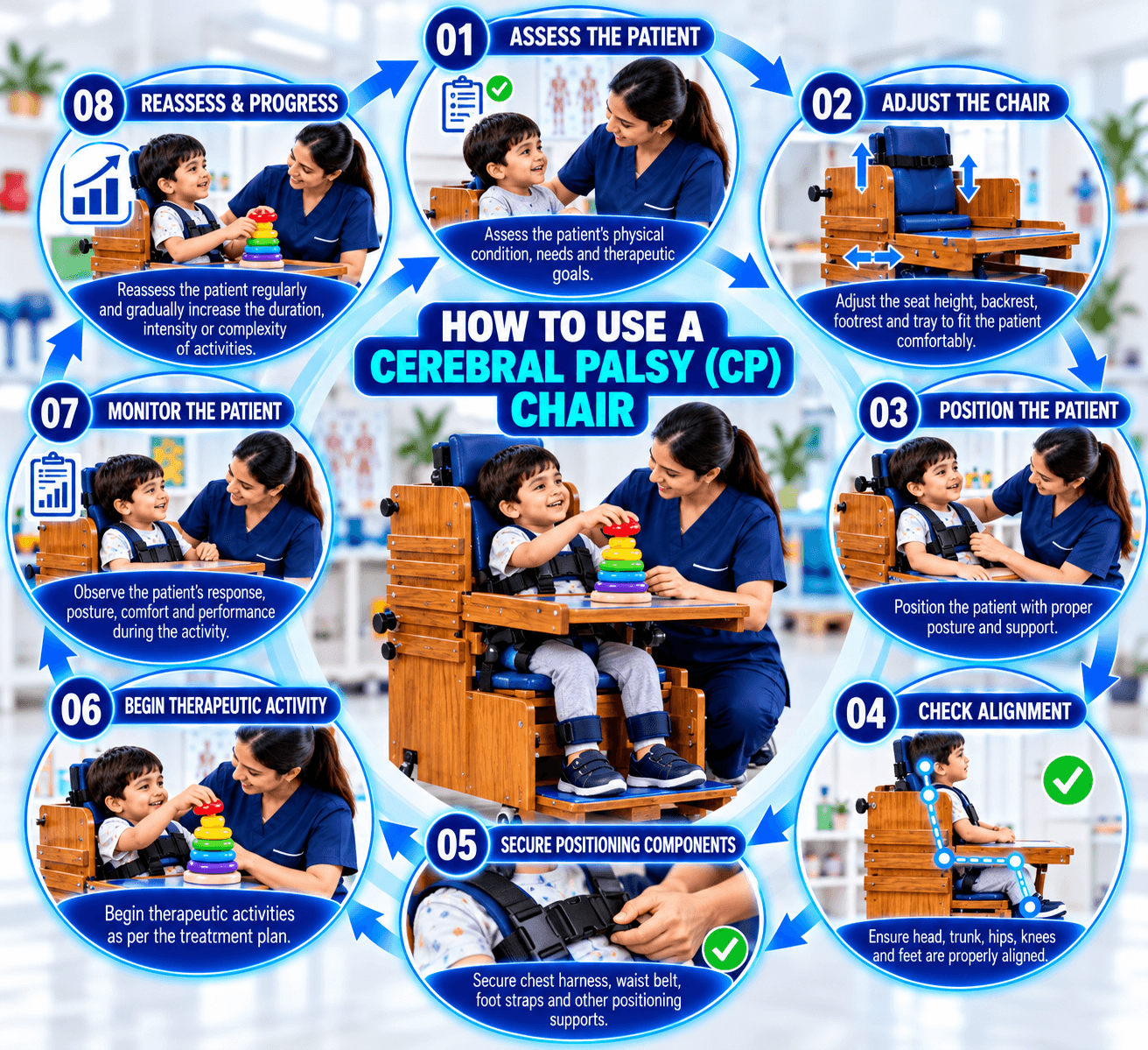 Cerebral Palsy (CP) Chair Step-by-step guide showing how to use a Cerebral Palsy (CP) chair, including patient assessment, chair adjustment, positioning, alignment, secure supports, therapeutic activity, monitoring, and progress reassessment.
