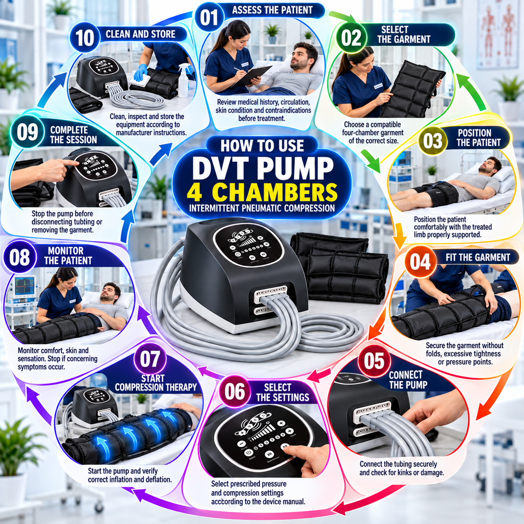 DVT Pump 4 Chambers Compression Therapy Device How to use a DVT Pump 4-Chamber Compression Therapy Device, illustrating patient assessment, garment fitting, tubing connection, pressure setting selection, compression therapy, patient monitoring, and equipment cleaning.